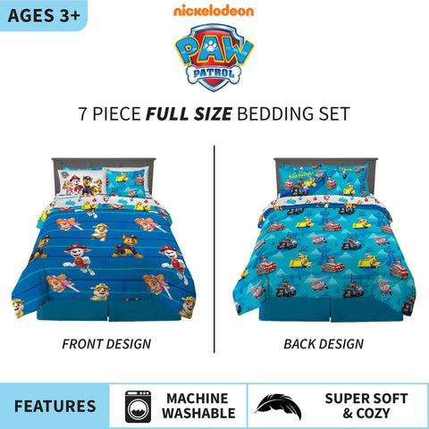 Franco Paw Patrol reversible comforter design, pups in action on a lighter blue background for versatile bedroom styling