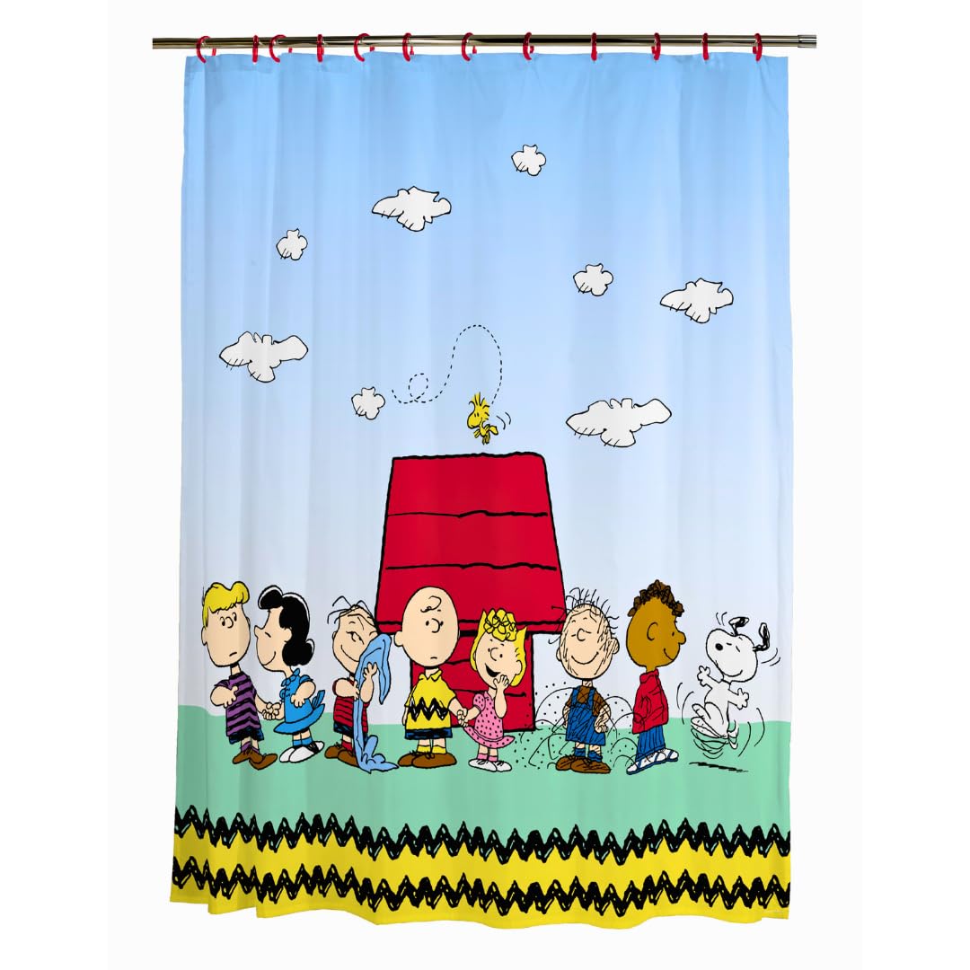 Franco Peanuts curtain panel 72x72 with vibrant characters for a cheerful bathroom