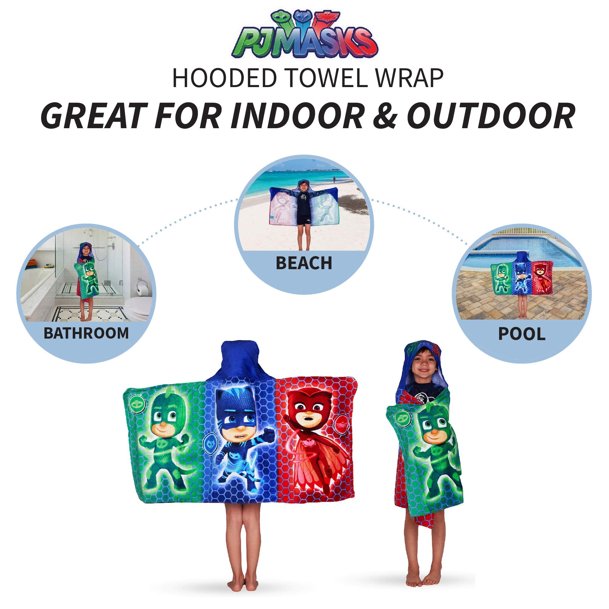 Franco PJ Masks hooded towel wrap colorful artwork vibrant design for kids.