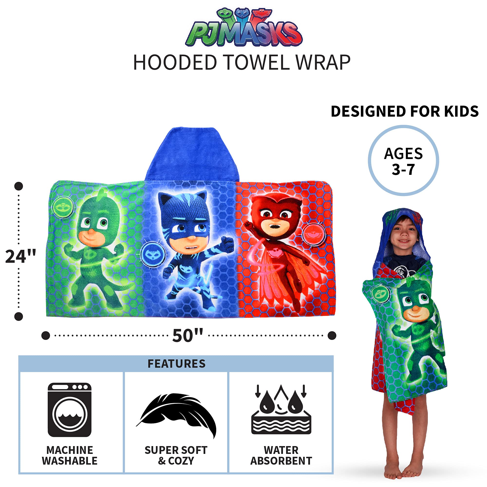 Franco PJ Masks hooded towel wrap corner pockets secure wear at the beach.