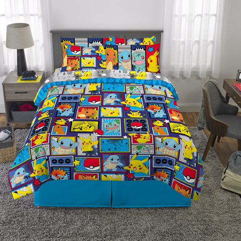 Pokémon Comics pillowcases complementing the queen bedding