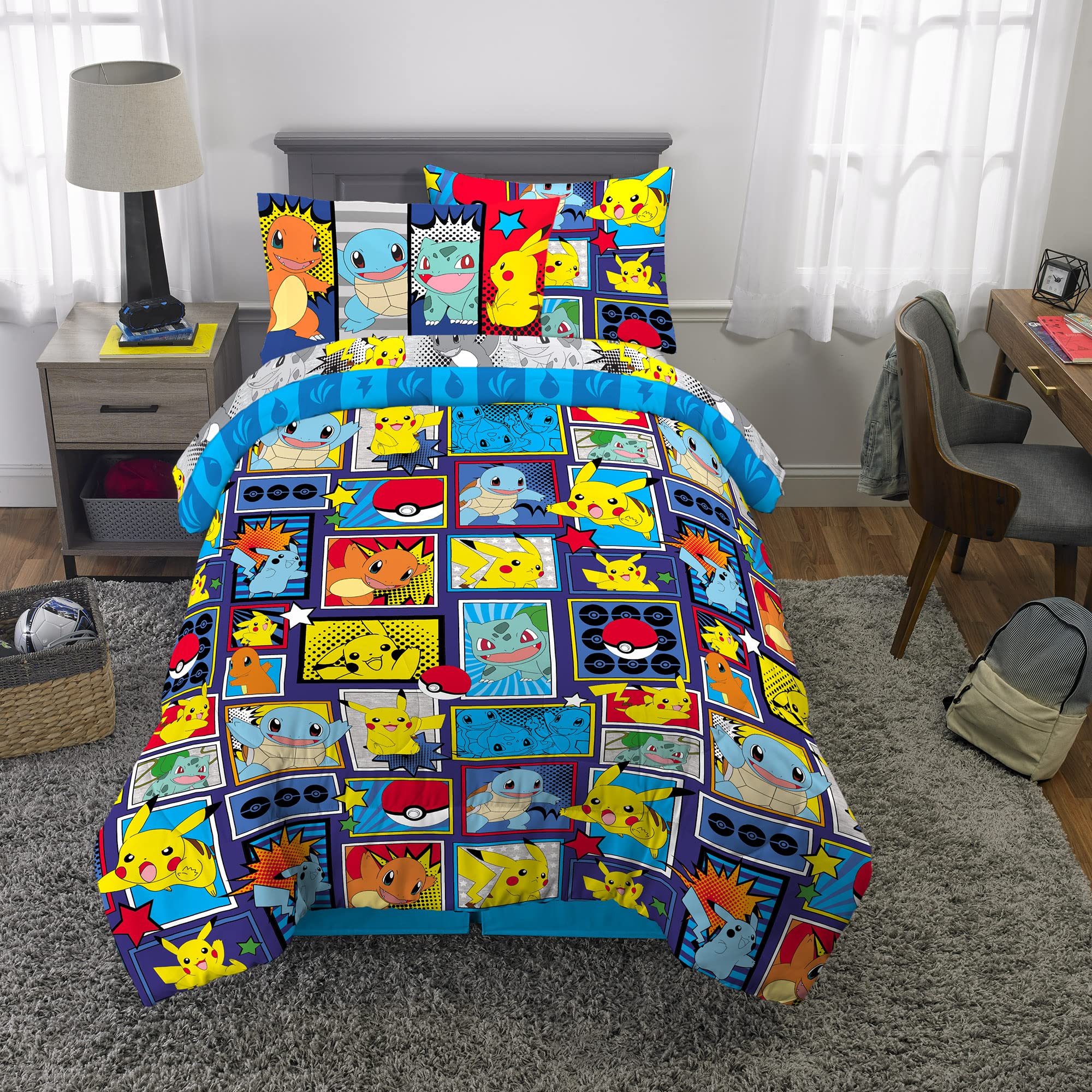 Franco Pokemon comics bed sheets and shams complete the twin set.