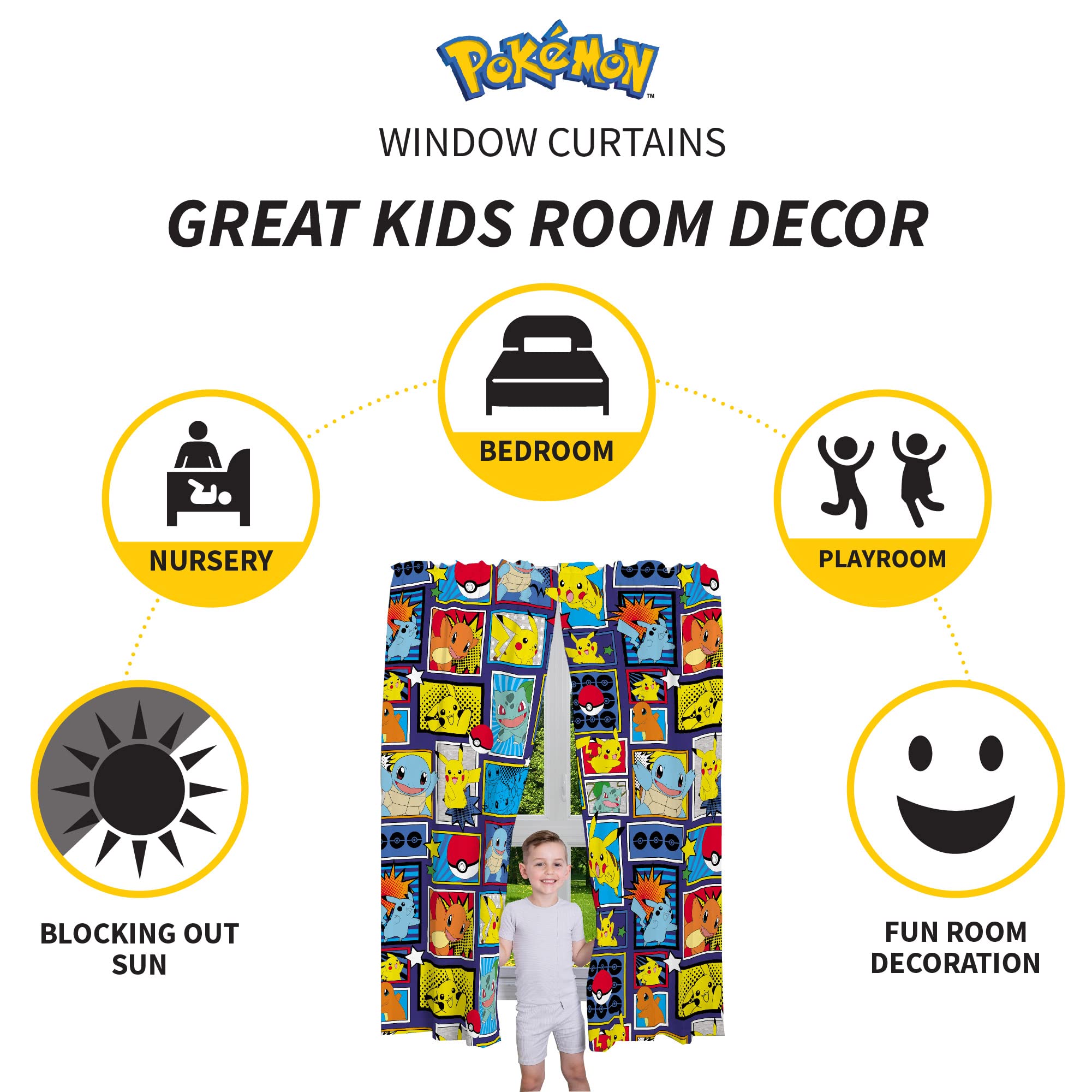 Franco Pokémon curtains featuring Squirtle design create a playful, light-filtering window scene.