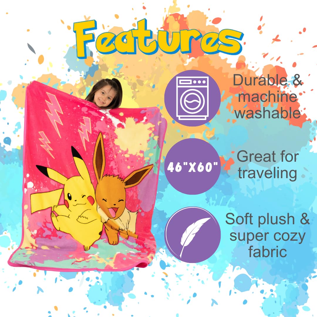 Franco Pokemon Pikachu Eevee throw easy care fabric for busy families.