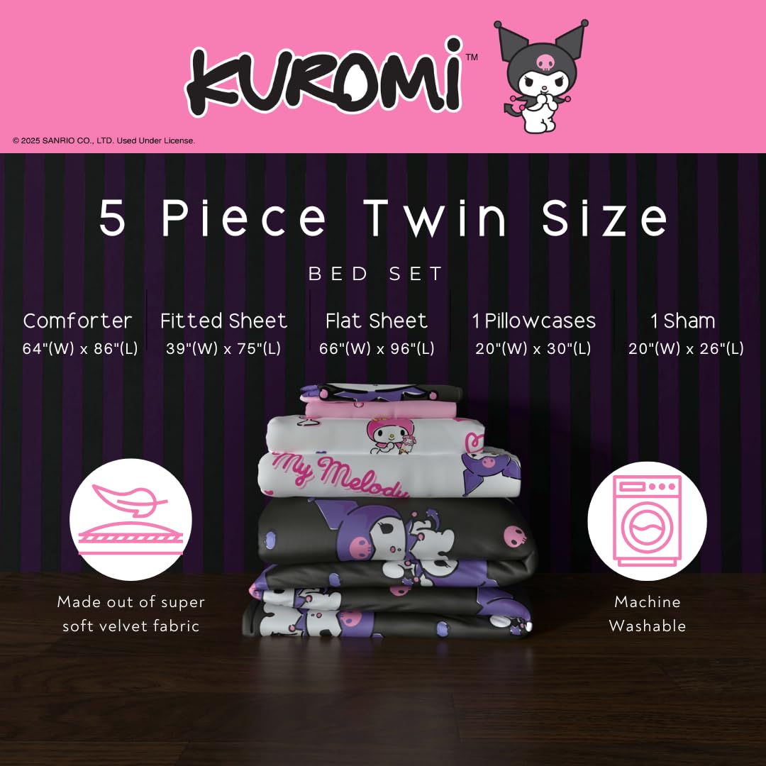 Franco Sanrio sheets feature My Melody and Kuromi in pastel allover print for playfulness.