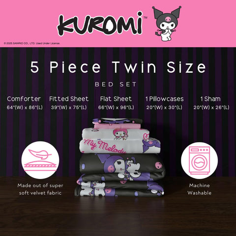 Franco Sanrio sheets feature My Melody and Kuromi in pastel allover print for playfulness.
