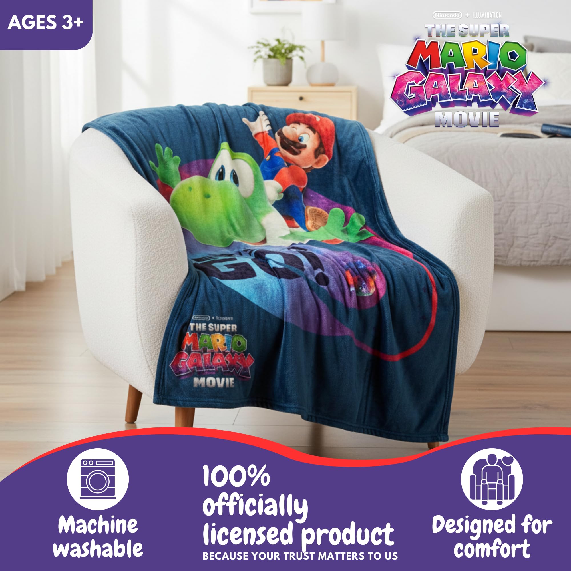 Franco Mario Galaxy throw blanket soft plush close-up for warmth.