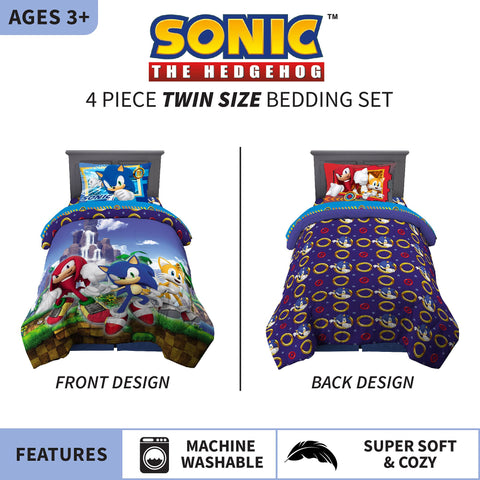 Franco Sonic Hedgehog comforter reverse design on darker blue with rings for playful nights.