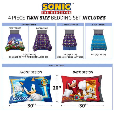 Franco Sonic Hedgehog twin sheet and pillowcase set for easy care and vibrant look.