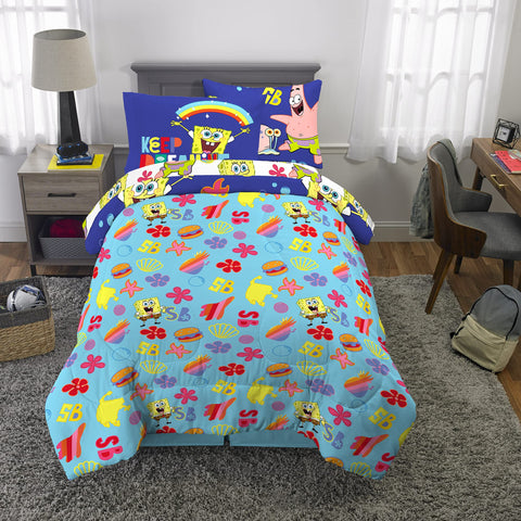 Franco SpongeBob bed with coordinated sheets in a playful kids' room.