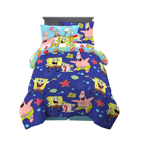 Franco SpongeBob twin 5-piece bedding set on a bed, vibrant and kid-friendly.