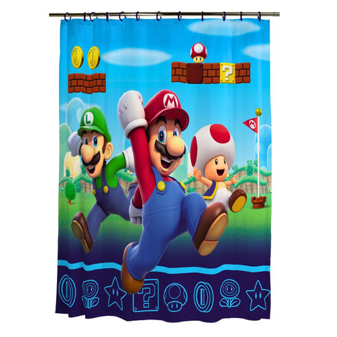 Franco Super Mario curtain panel 72x72 adds playful Nintendo-inspired style to bathrooms.