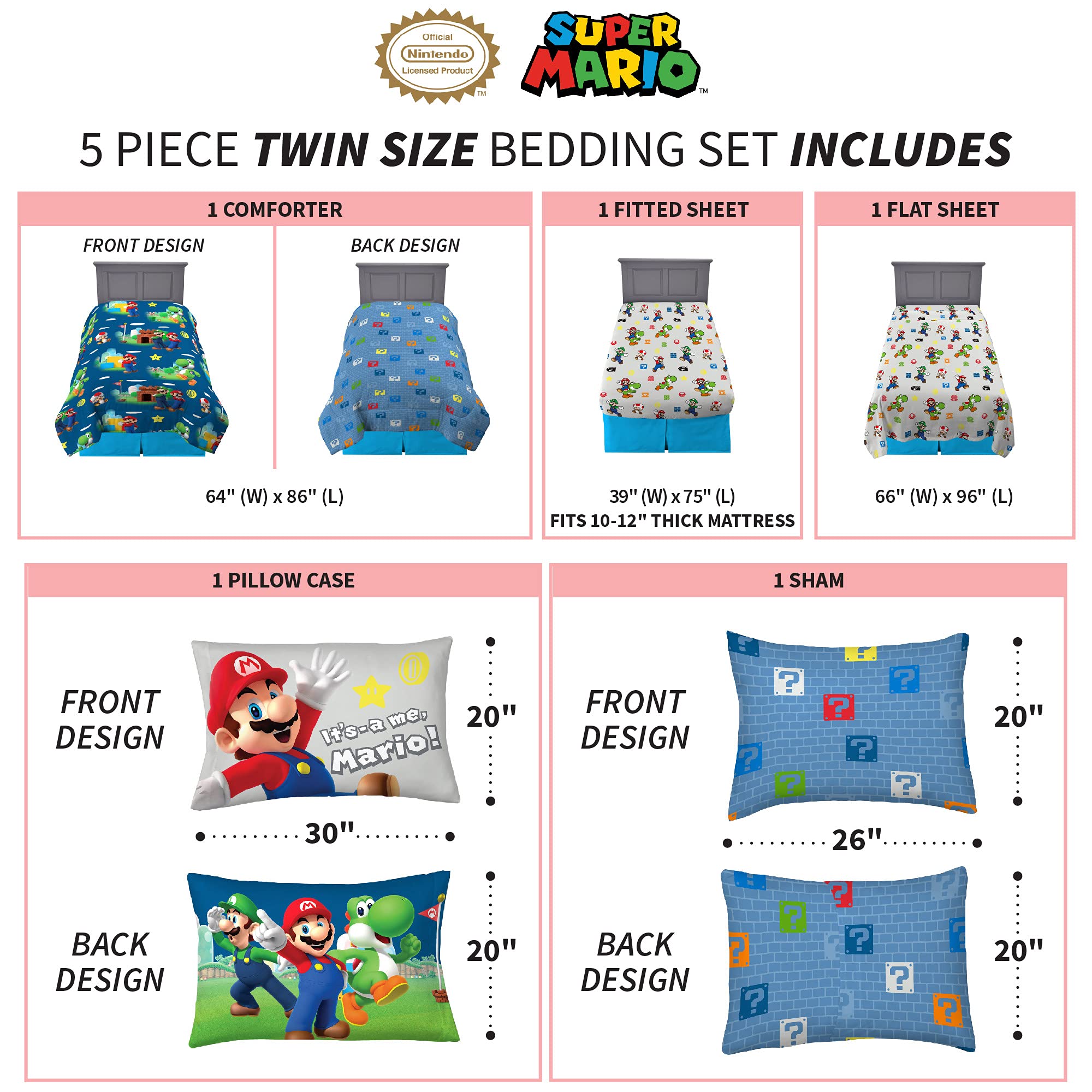 Franco flat sheet pairs with bold Mario graphics for a playful, coordinated look.