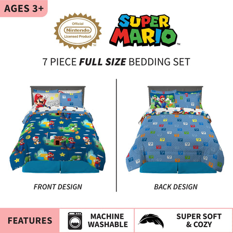 Franco Super Mario reversible comforter close-up with blue color block