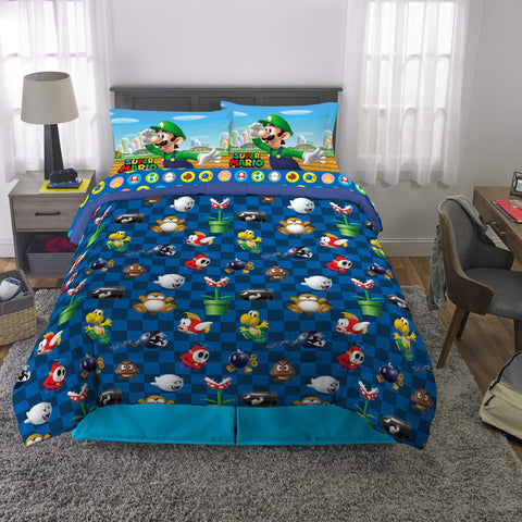 Franco Super Mario character art on bedding to unify the room theme