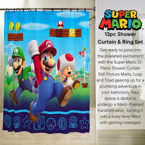 Franco Super Mario curtain fabric closeup shows durable polyester and vibrant print.
