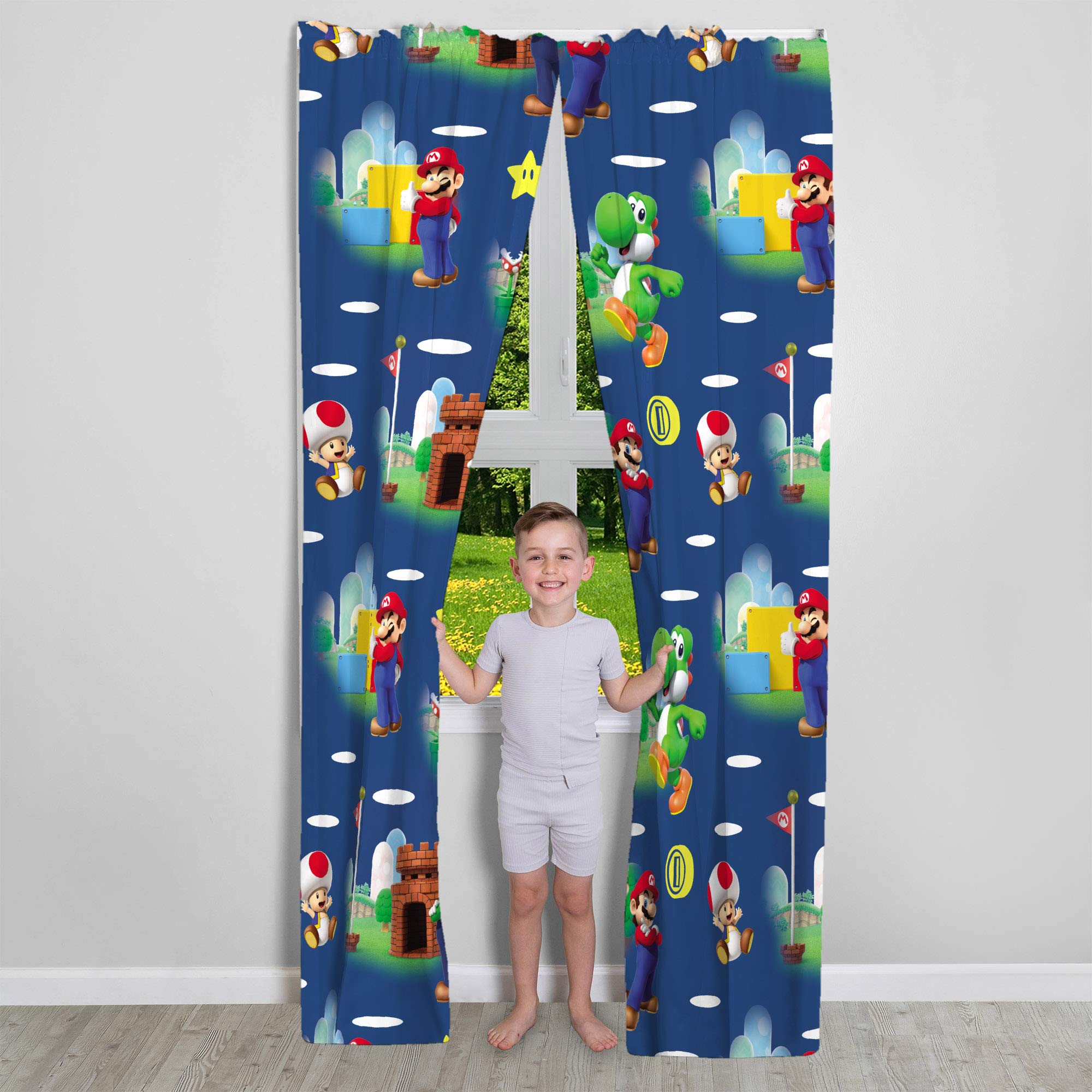 Franco Super Mario curtains featuring Luigi add colorful character detail.