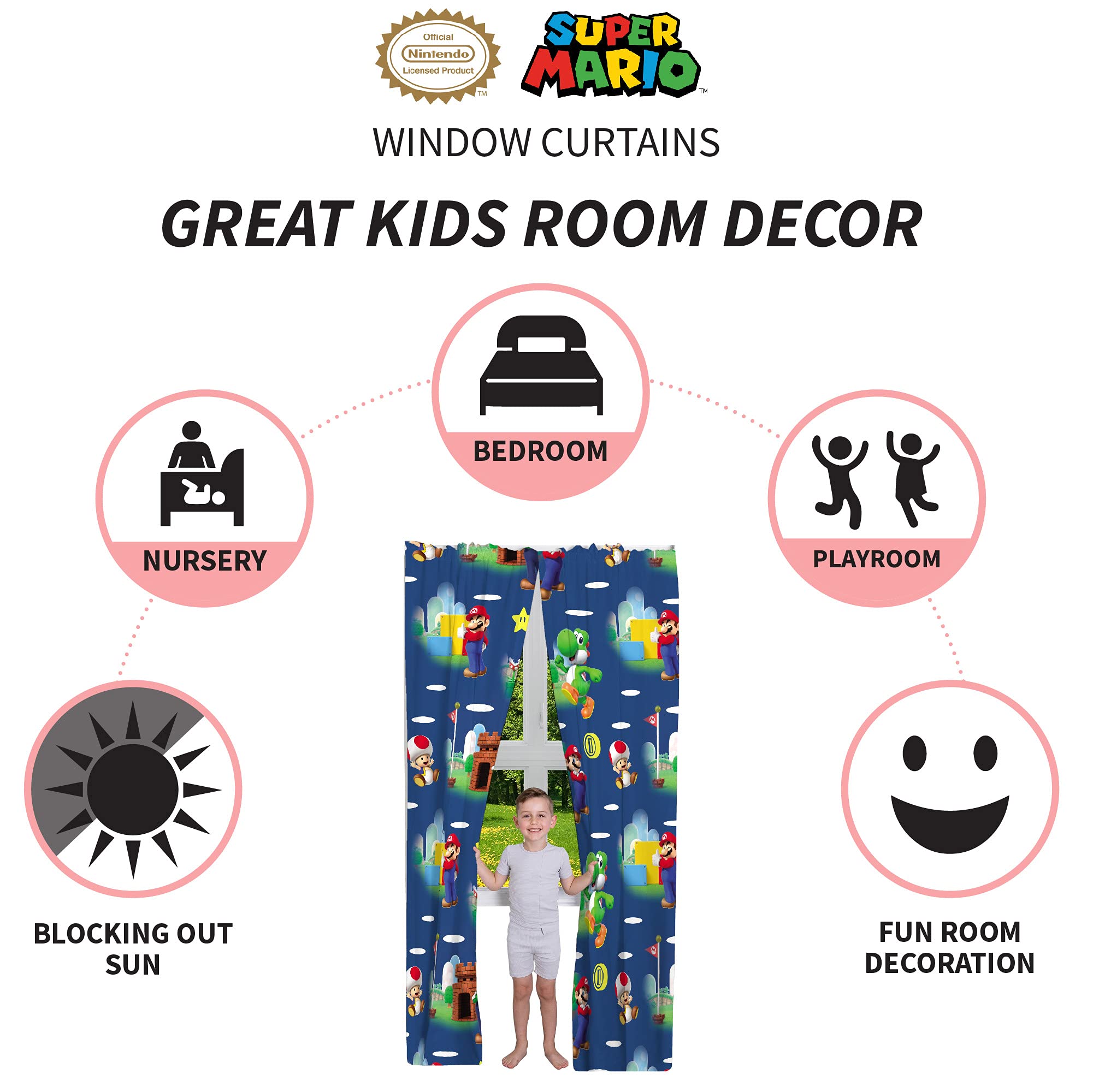 Franco Super Mario curtains with Yoshi provide whimsical flair and privacy.
