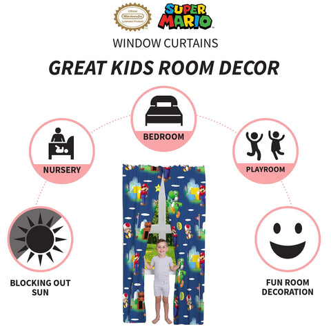 Franco Super Mario curtains with Yoshi provide whimsical flair and privacy.