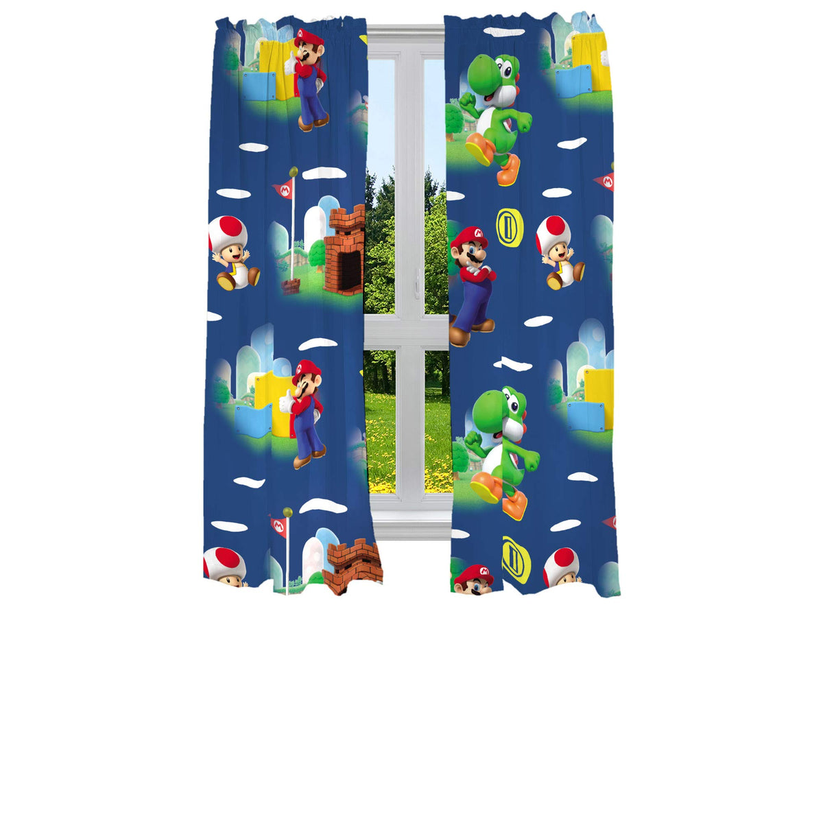 Franco Super Mario drapes feature plumber Mario pattern for playful bedroom decor.