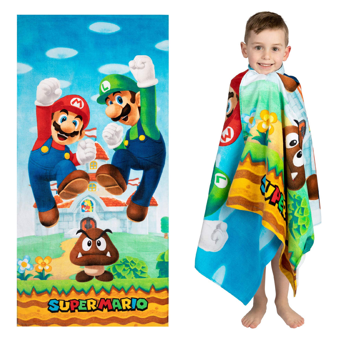 Franco Super Mario towel featuring Mario and Luigi with Goomba for kids' pool fun