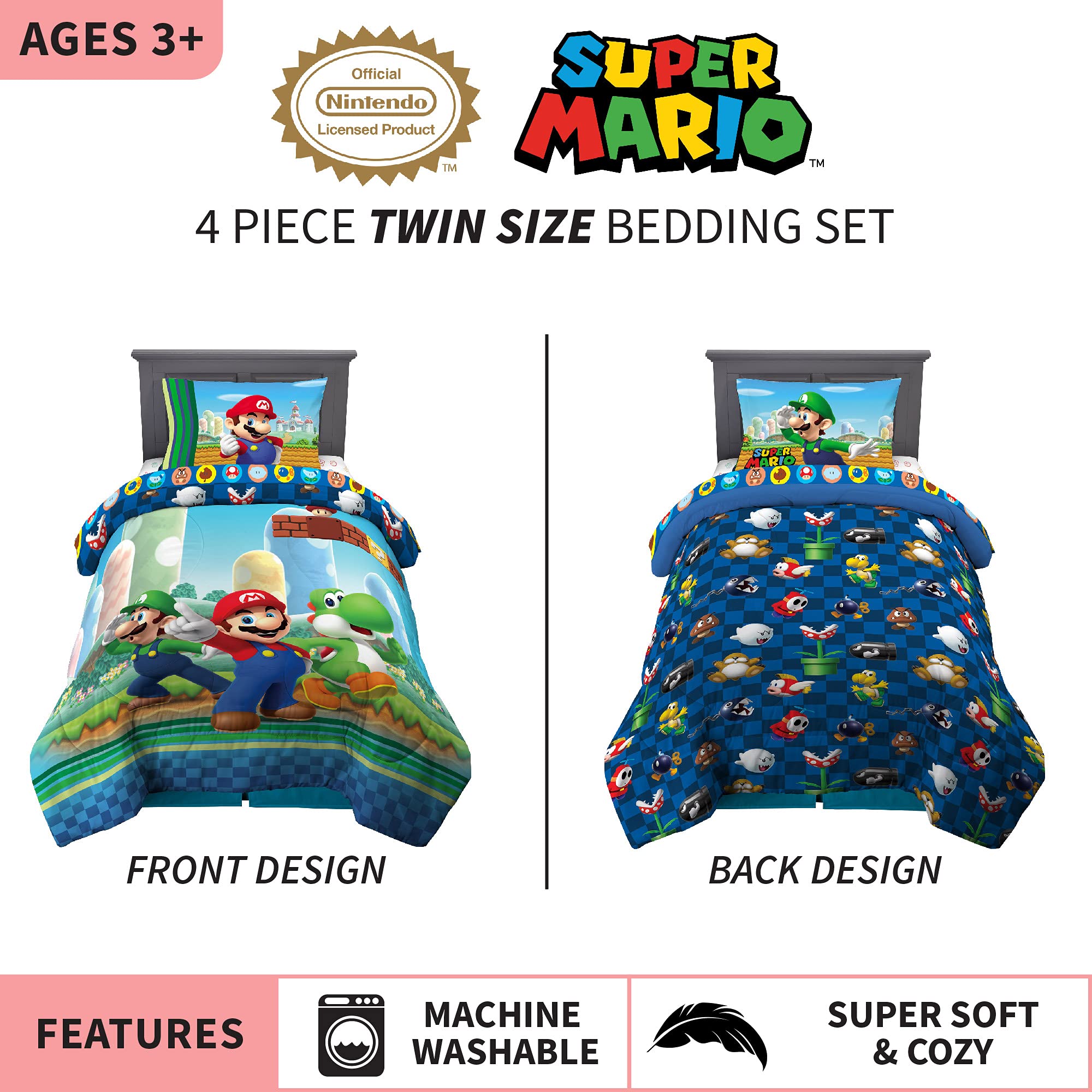 Franco Super Mario twin reversible comforter back design shows Mario, Luigi and Yoshi for bold night themes