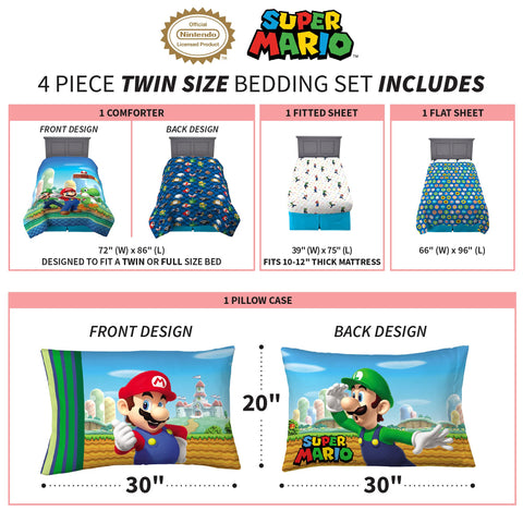 Franco Super Mario twin sheets and pillowcases highlight coordinated print for cohesive room decor