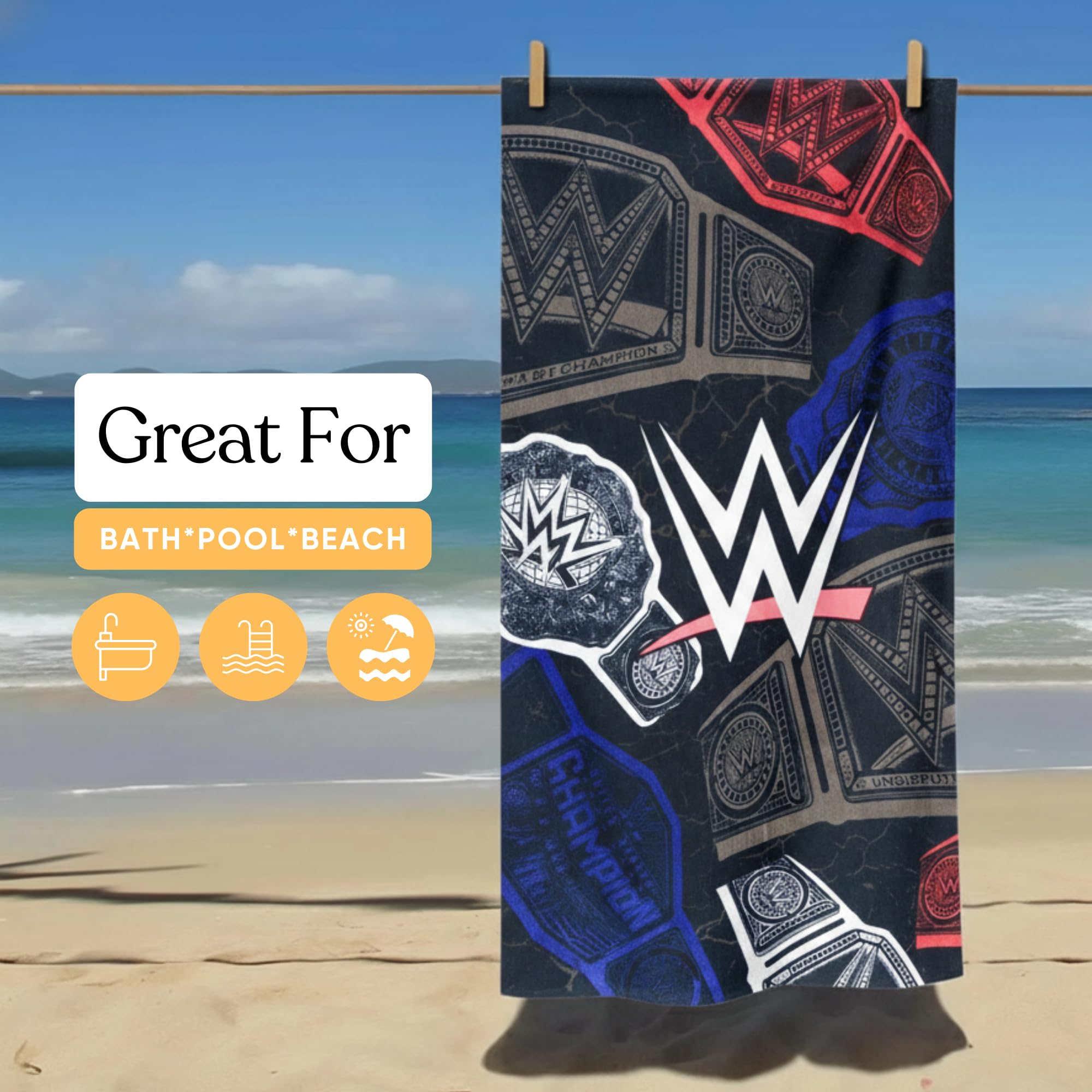 Franco WWE towel beach setup demonstrates oversized absorbent warmth for sun days
