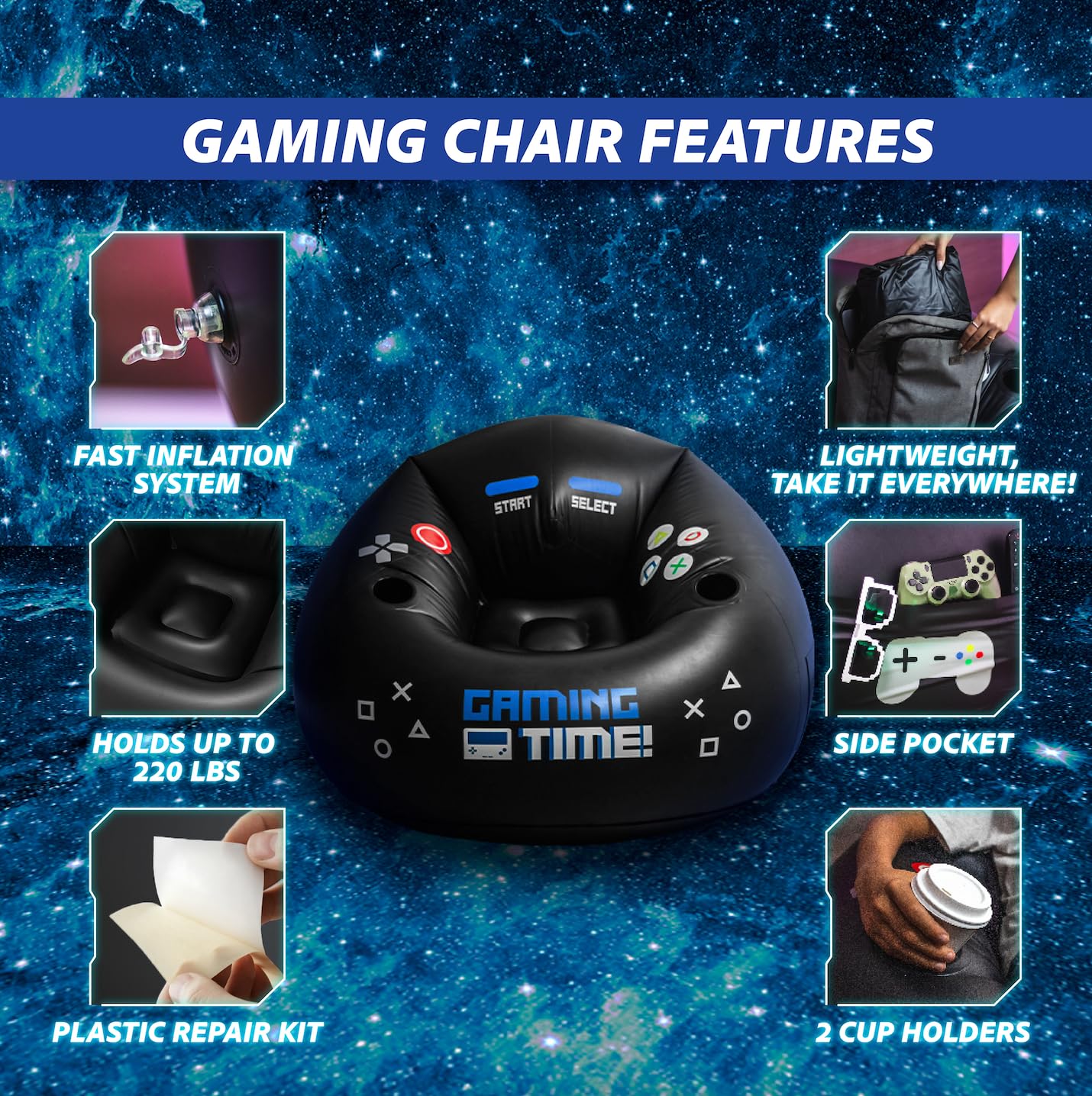 FranFusion air bean bag chair enhances gamer room decor with galaxy vibes