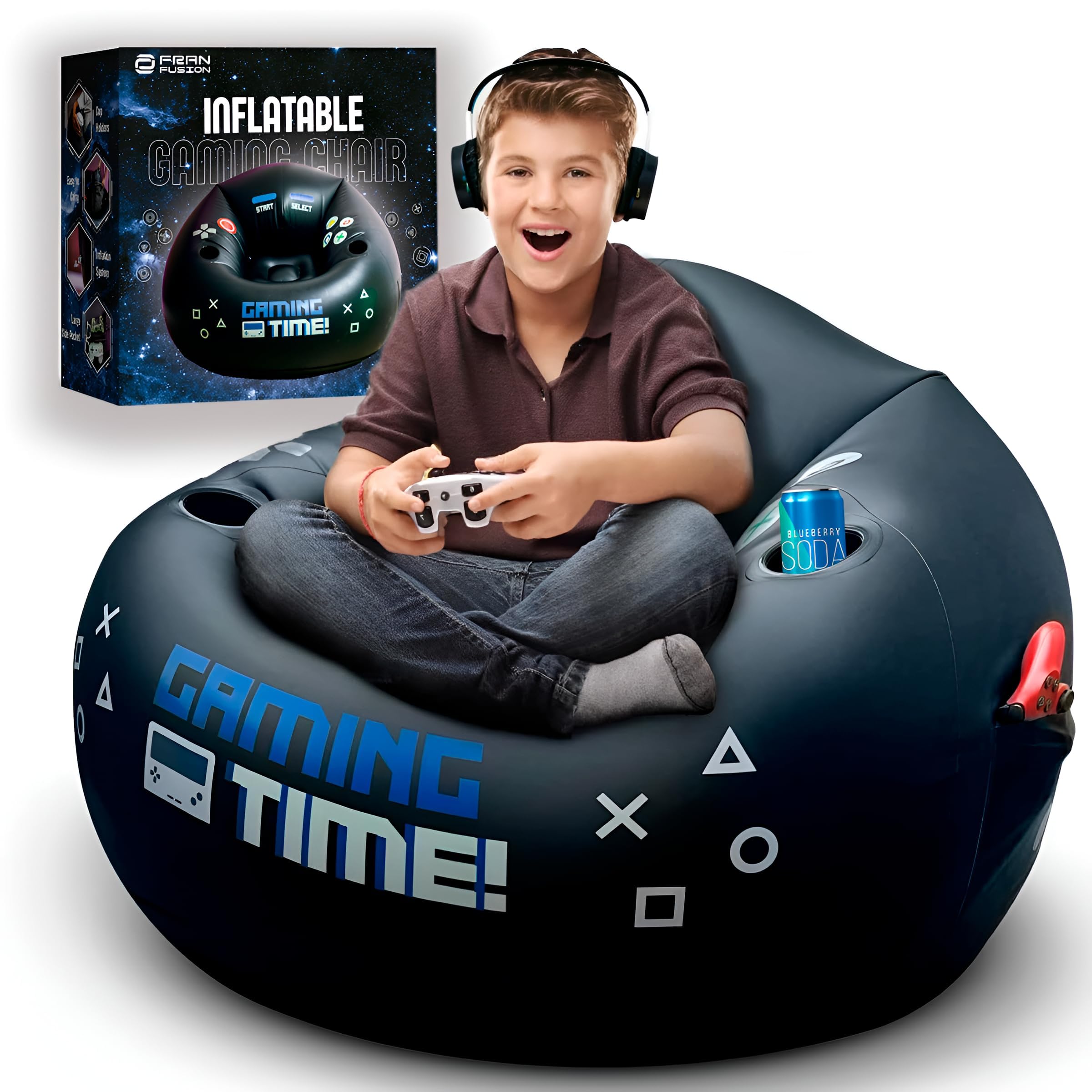 FranFusion inflatable gaming chair with cup holder keeps drinks within reach.