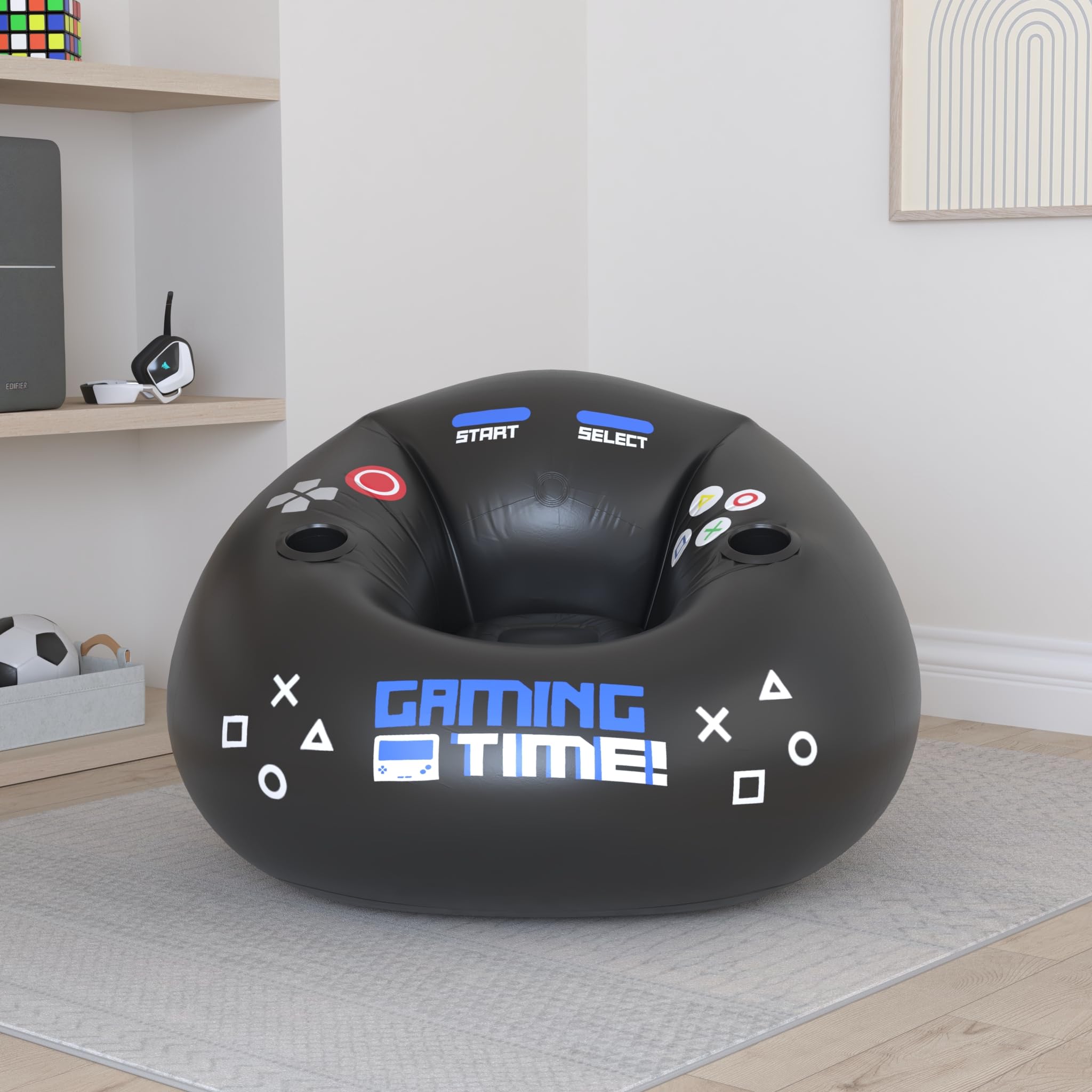 FranFusion inflatable gaming chair side pocket stores accessories nearby.