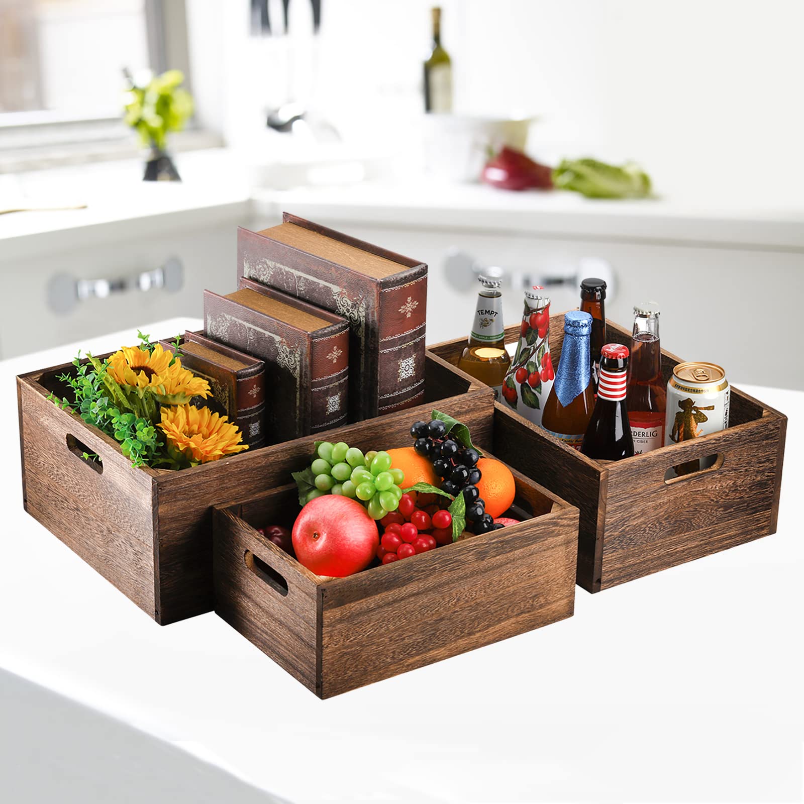 Frcctre torched finish crates complement rustic decor in living spaces.