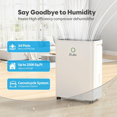 FreAire 34 Pint dehumidifier in operation for daily moisture control.