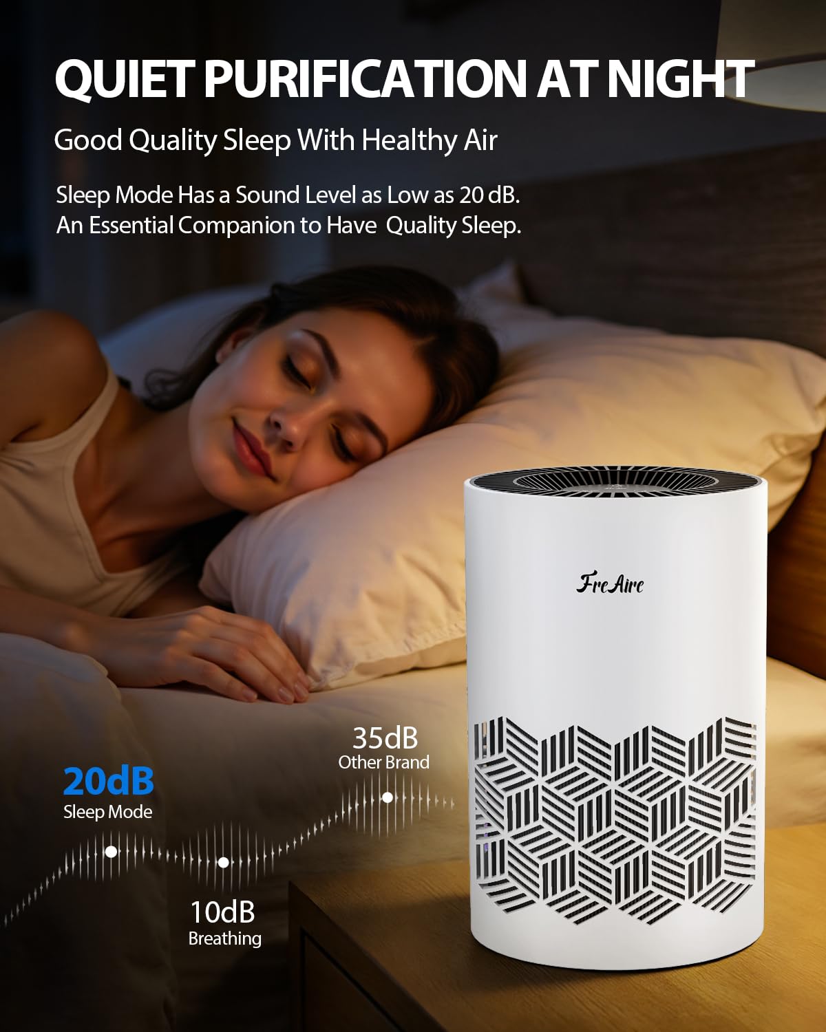 FreAire air purifier in sleep mode with minimal noise