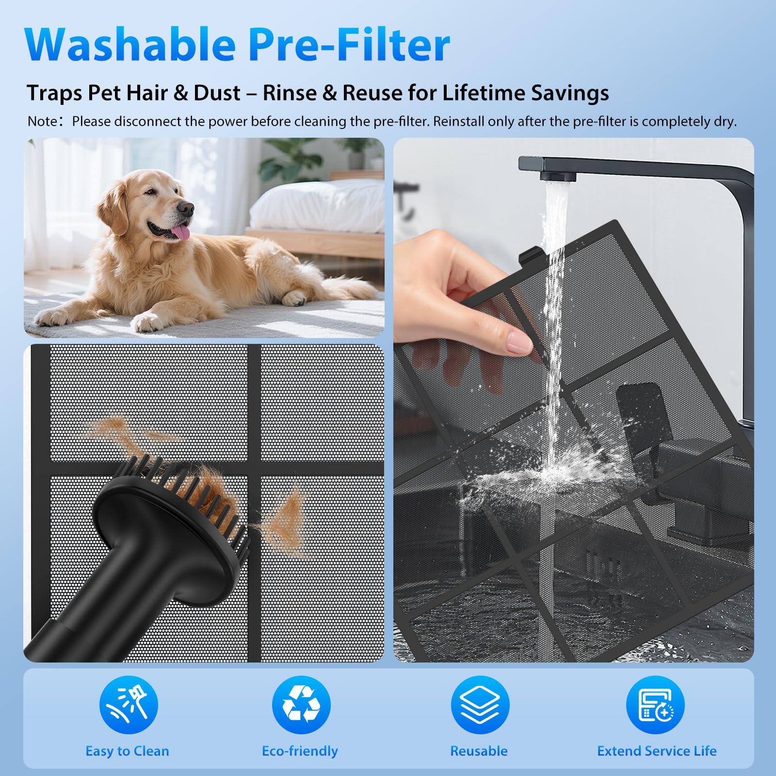 FreAire HAP605 washable pre-filter demonstrates easy maintenance.