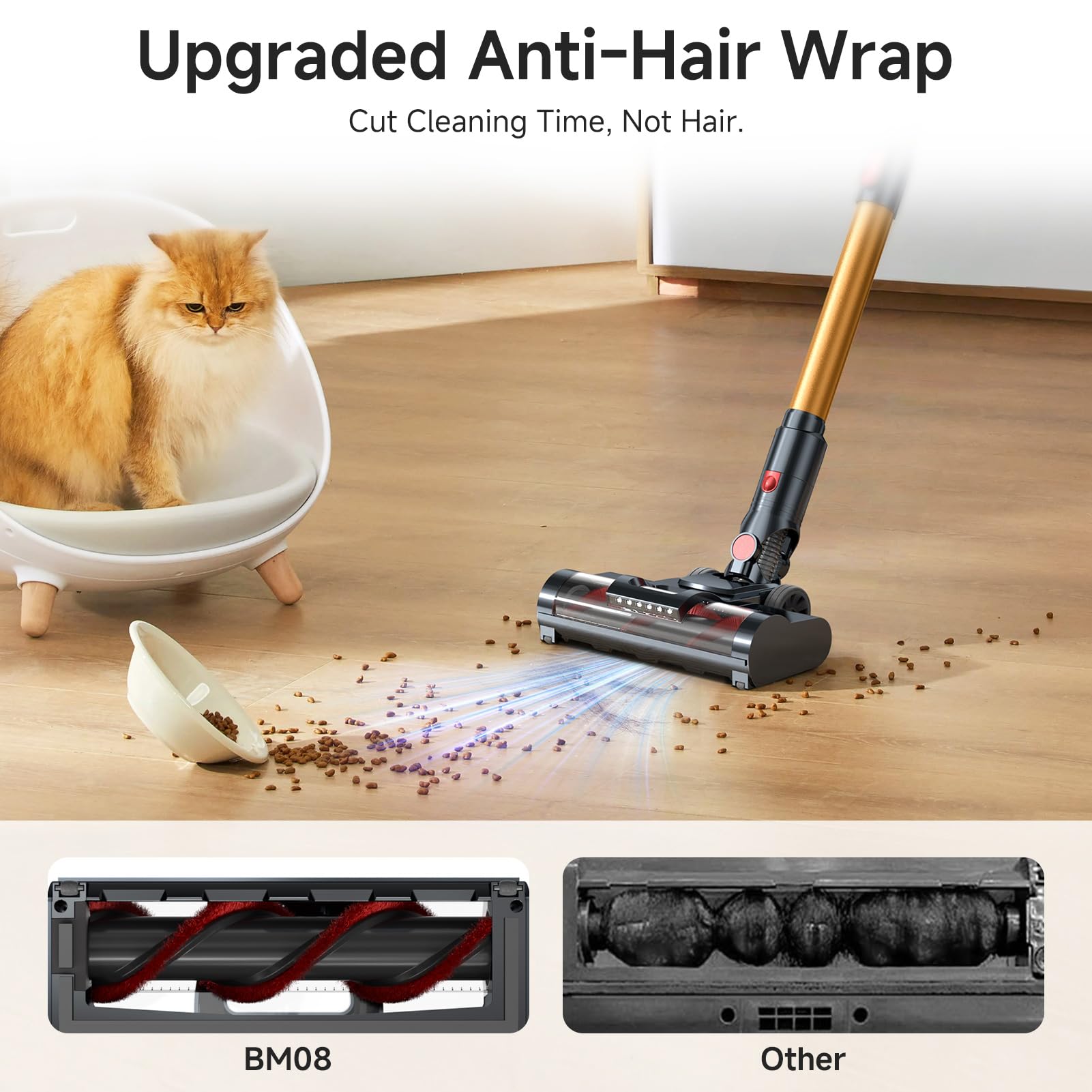 Frecaer cordless vacuum tackling pet hair on carpet with swivel head