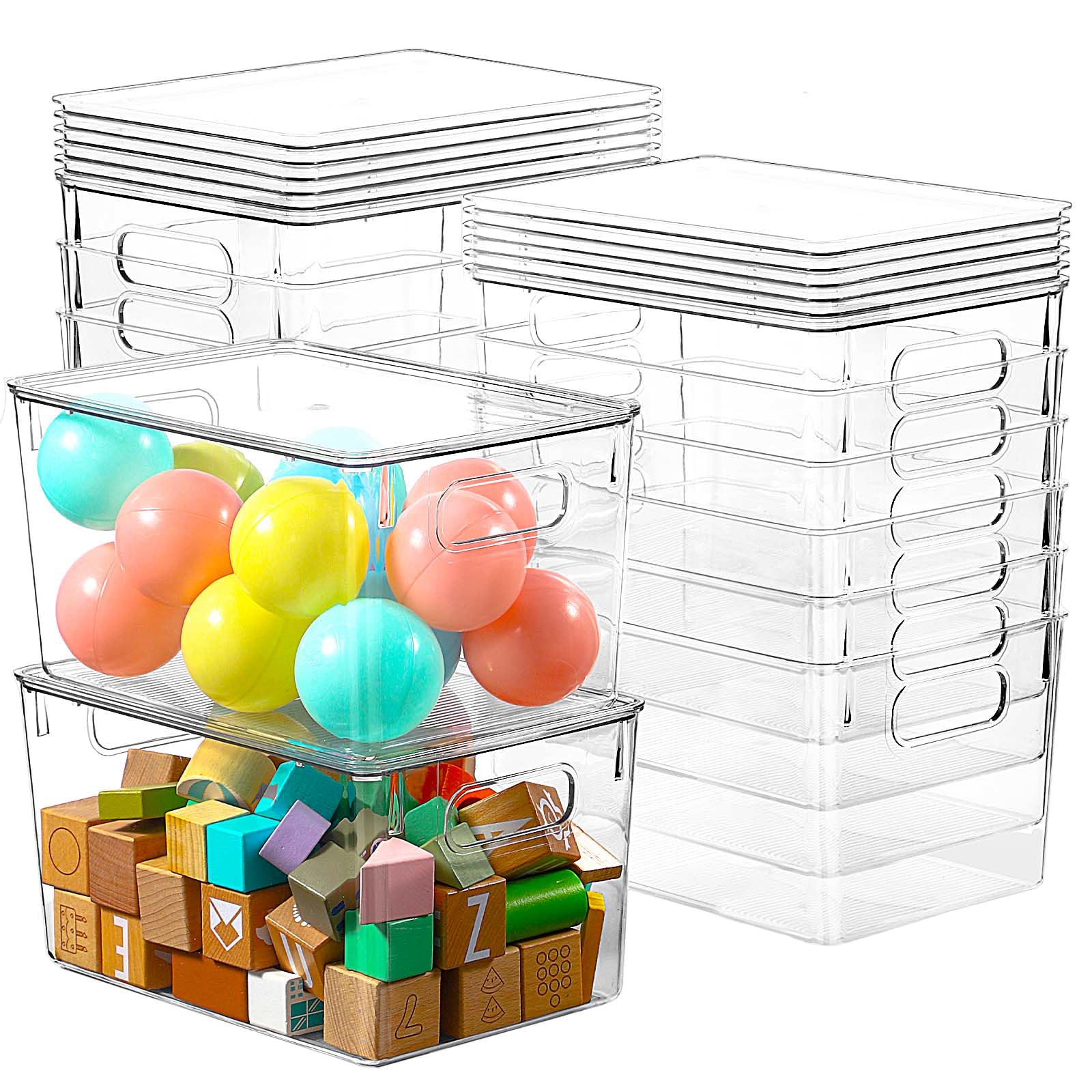 Freebat 12-pack clear storage bins with lids stacked for easy vertical organization.