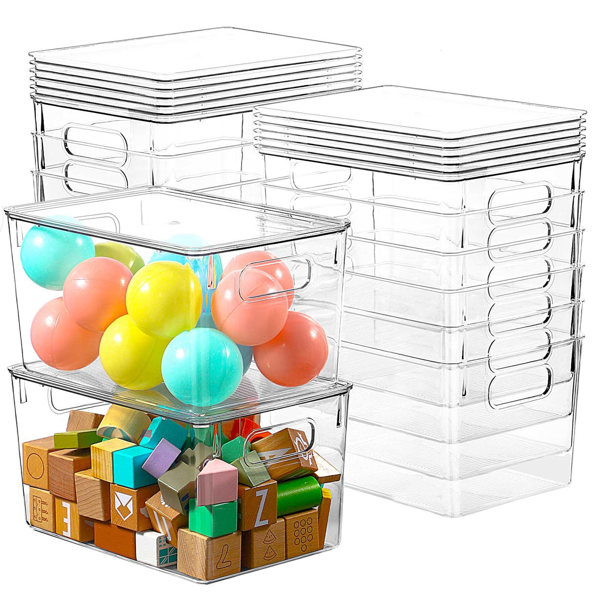Freebat 12-pack clear storage bins with lids stacked for easy vertical organization.