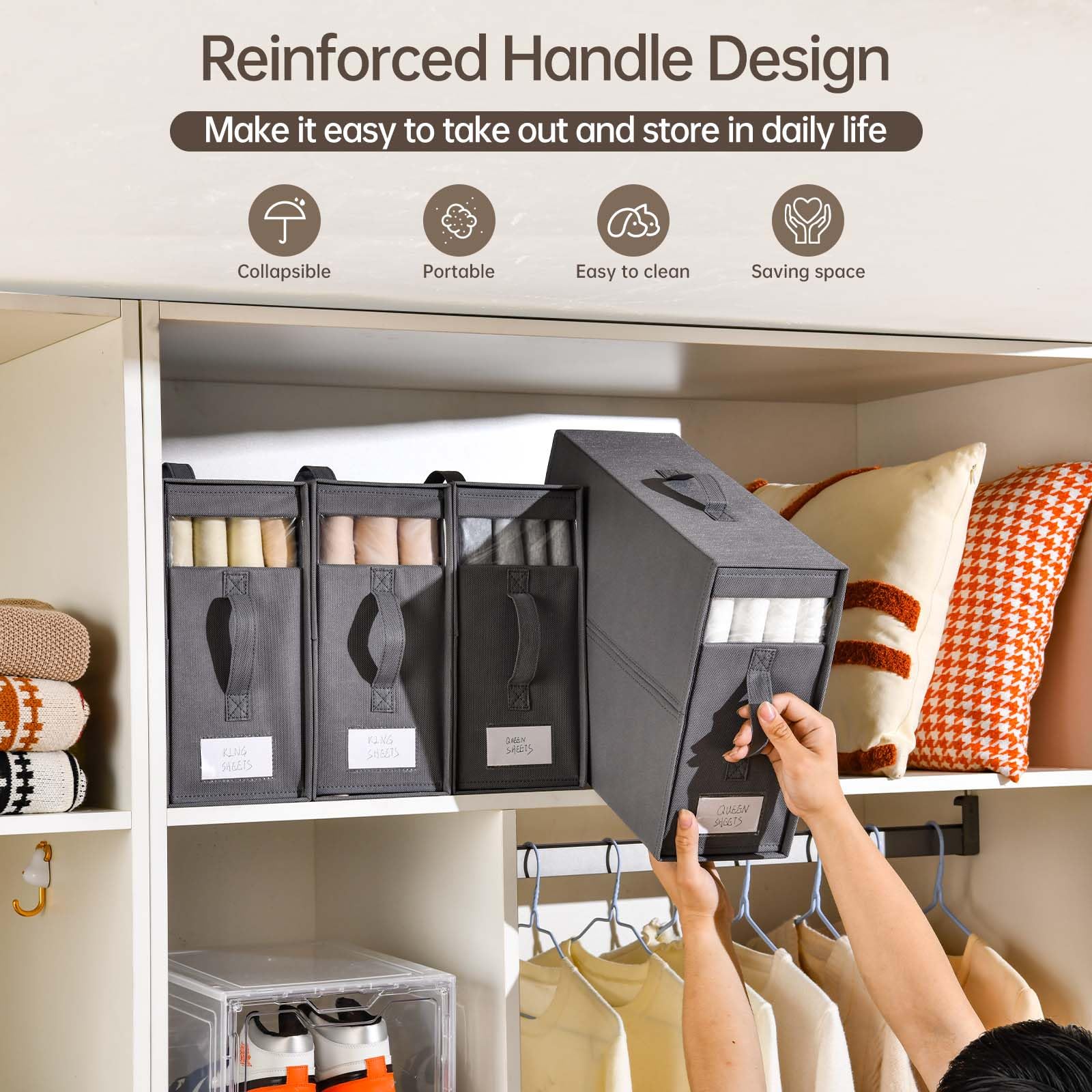 Freebat cube-shaped storage fits in cabinets and wardrobes for neat organization.