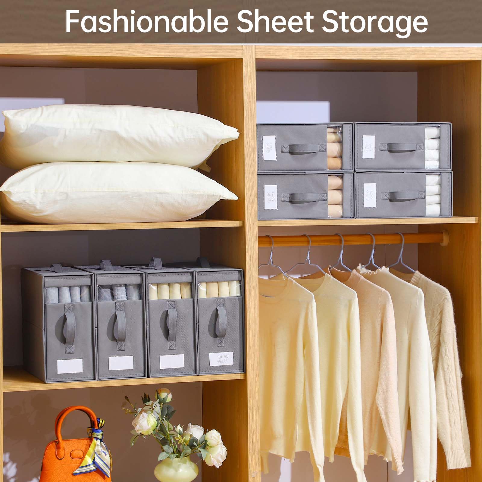 Freebat multifunctional storage for sheets, blankets, and pillowcases in cube shape.