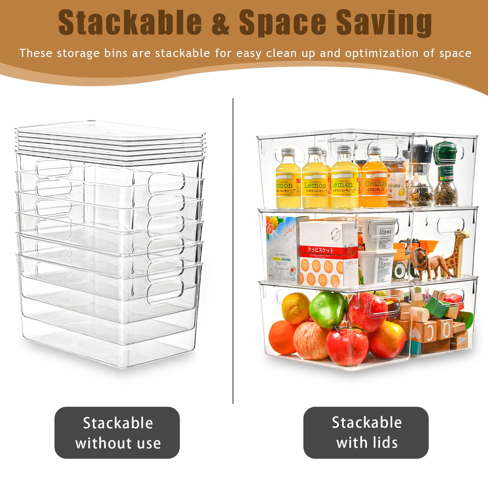 Freebat stackable bins with grooved lids saving shelf space in tight areas.
