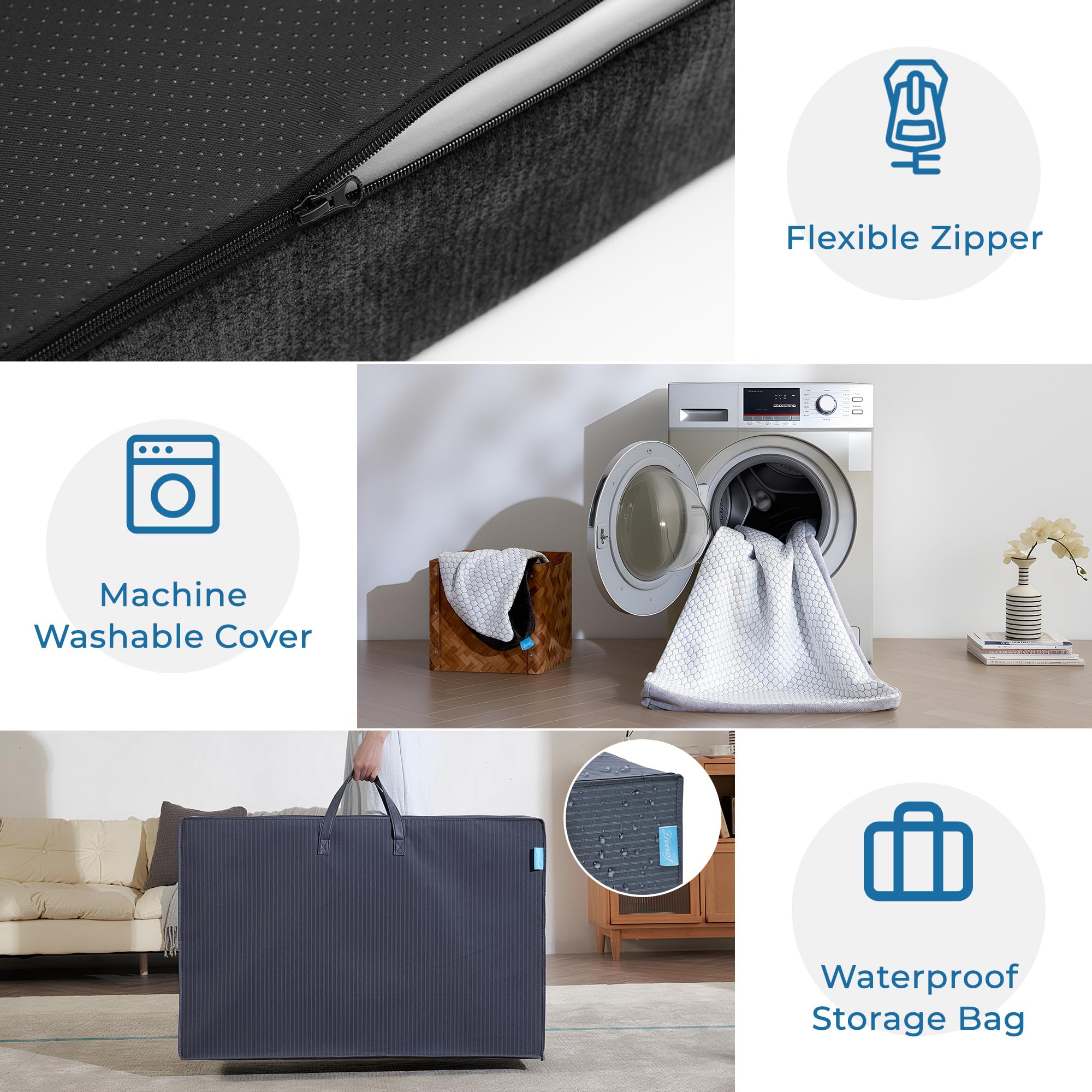 Freesof fold surface shows durable bottom straps to secure to a bed frame.