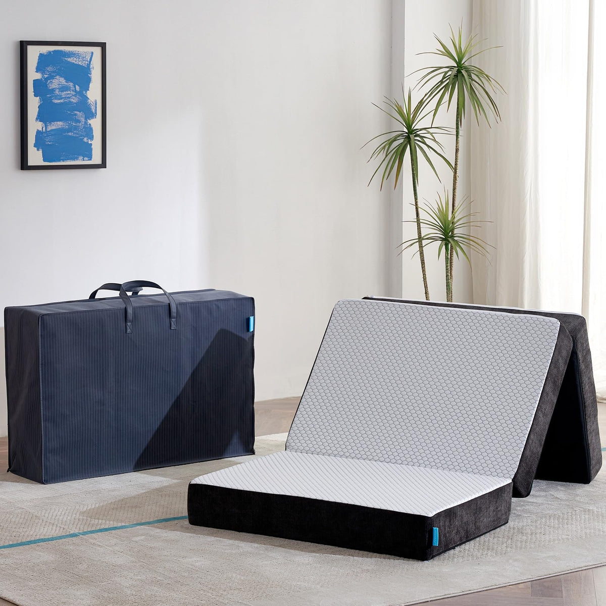 Freesof odorless foldable mattress twin-xl provides ready-to-use sleep surface for guests.