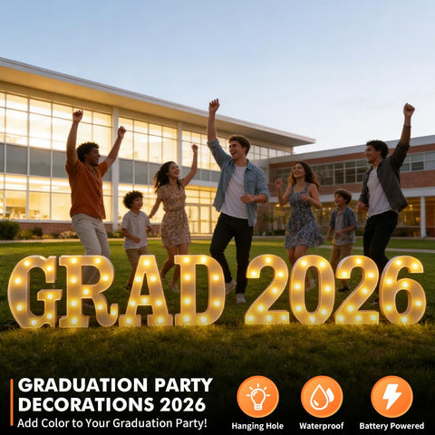 Frekkoy photo-booth centerpiece elevates graduation decor with warm glow.