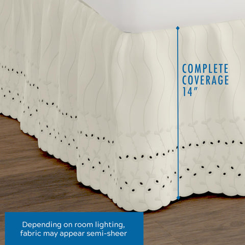 Fresh Ideas eyelet bed skirt features a 14-inch drop to fully cover box springs