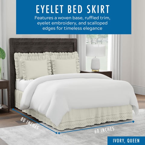 Fresh Ideas eyelet bed skirt shows embroidery and a scalloped edge for elegance