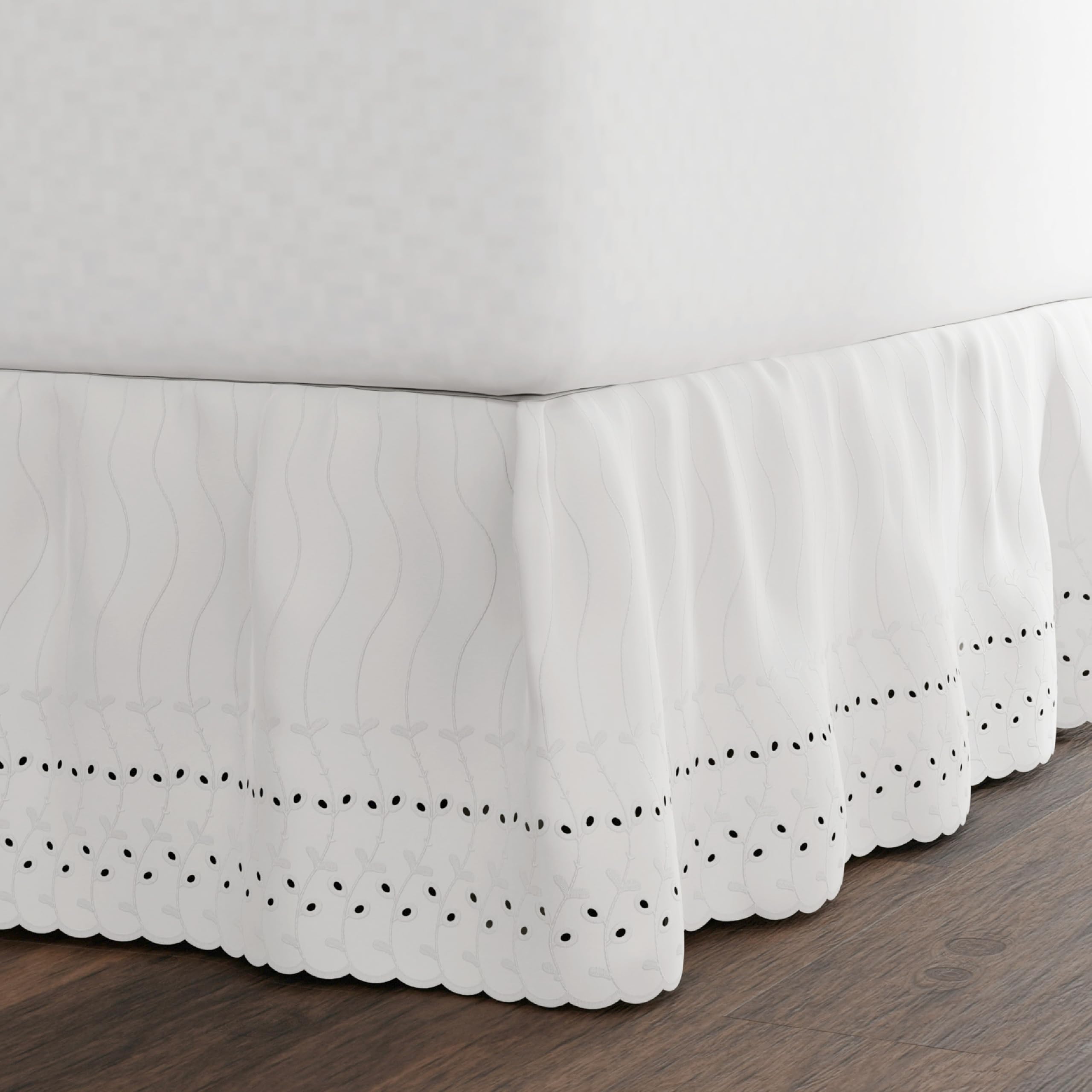 Fresh Ideas eyelet bed skirt full size with 14-inch drop conceals box springs.