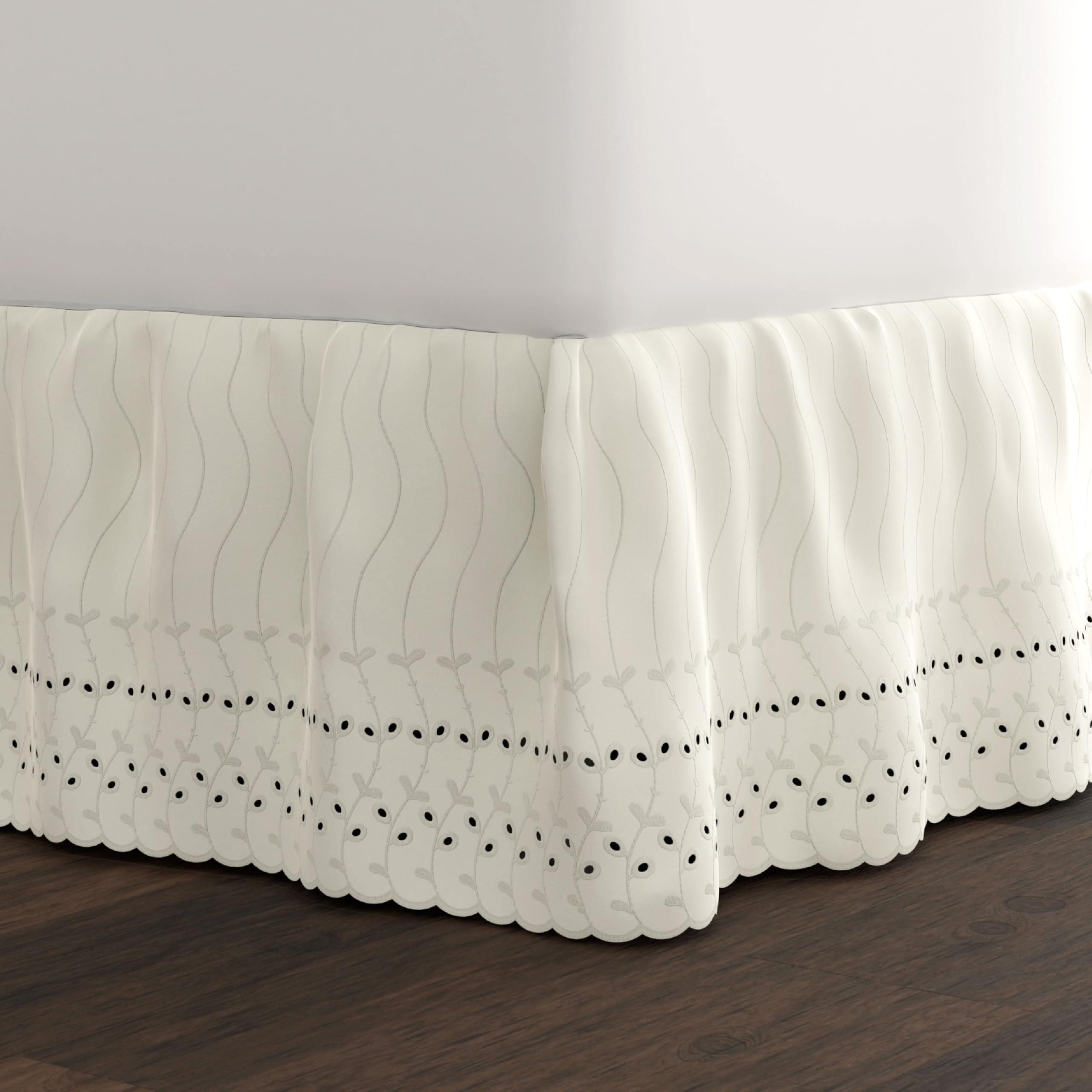Fresh Ideas eyelet bed skirt with ruffled design hides under-bed clutter on a queen bed