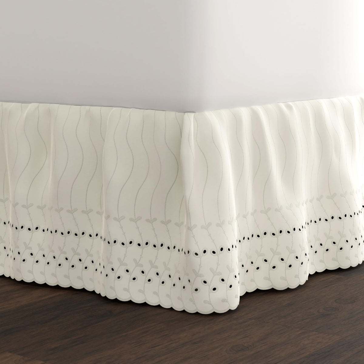 Fresh Ideas eyelet bed skirt with ruffled design hides under-bed clutter on a queen bed