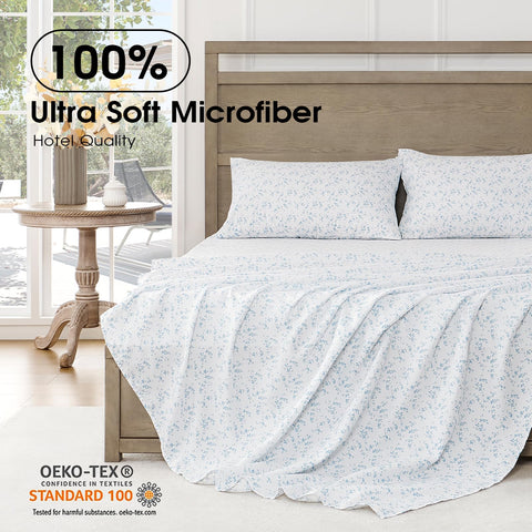 FreshCulture Lille brushed microfiber blue floral close-up showing soft texture